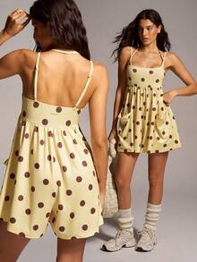 VARSIVA Brown And Yellow Polka Dot Print, Women's Camisole Romper Vacation Summer Casual Cute, Summer Jumpsuit, Beach Brunch Vacation Outfits - Multicolor - View 1