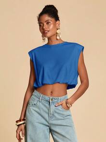 Travachic Women's Solid Color Round Neck Cropped Casual Versatile Tank Top - Royal Blue - View 4