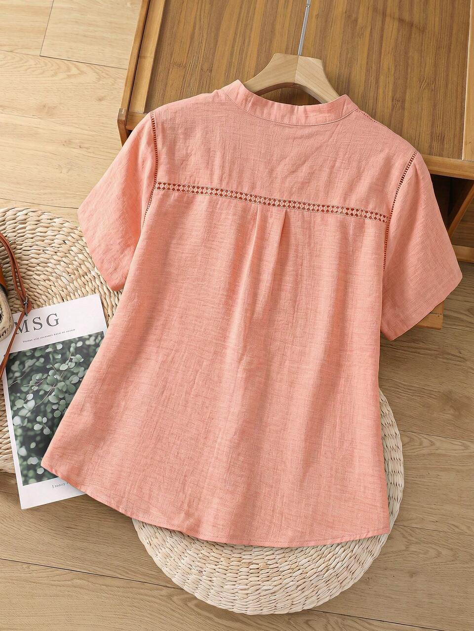 Plus Size Vacation Casual Solid Color Hollow Embroidery Patchwork Shirt
