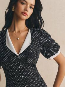 Poéselle Women's Summer Elegant Polka Dot Print Front Button Dress Party Black And White Polka Dot - Black - View 6