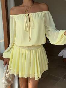 Sunnyshic Women's Autumn Pale Yellow Chiffon Off-Shoulder Mini Dress, Beach Vacation Outfit, Italian Rave - Yellow - View 7