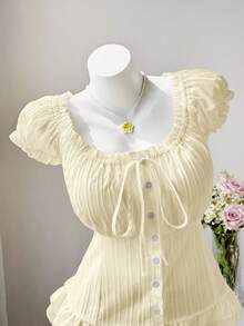 Sweetra Cute Pastoral Casual Puff Sleeve Waist-Cinched Button-Down Short Sleeve Summer Shirt - Apricot - View 5
