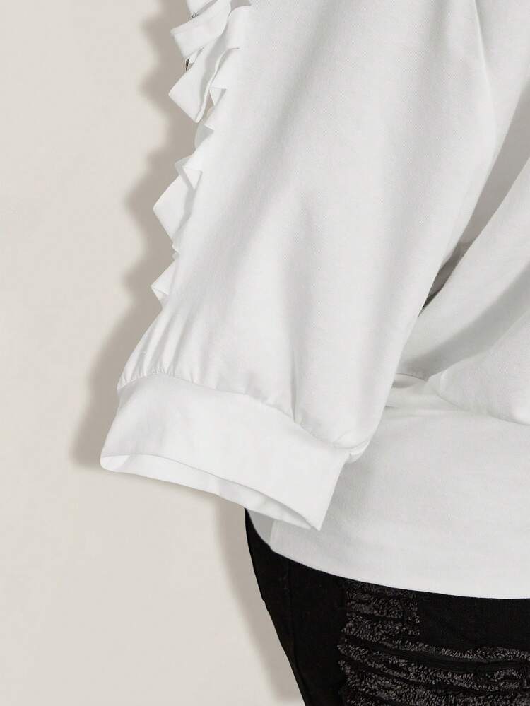 SHEIN ICON 女款大尺碼嘻哈風破洞骷髏圖案印花露肩T恤 - 白色 - 查看 7