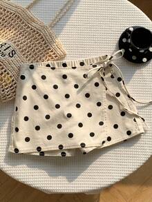 CovetEZ Falda-pantalón de mezclilla casual para mujer con estampado de lunares y lazo en la cintura lateral - Blanco - Ver 7