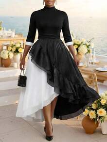 Fleurora Plus Size Women's Elegant Formal Black And White Autumn Chiffon Stand Collar 3/4 Sleeve Double Ruffle Hem Cinched Waist Midi Party Wedding Dress - Black and White - View 5