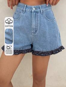 DAZY Shorts vaqueros de mujer con parches florales - Azul - Ver 1
