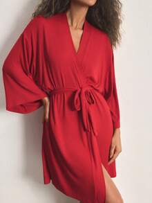 Ocili Comfortable Ribbed Soft & Smooth Cotton Robe, Women Sleepwear Loungewear - Red - View 7