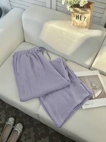 Comfortcana Plus Size Women Casual Vacation & Commute Solid Color Textured Fabric Drawstring Waist Wide Leg Pants Fall - Mauve Purple - View 4