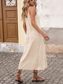Brillora Vacation Solid Color Woven Textured Fabric Midi Strap Dress - Apricot - View 2
