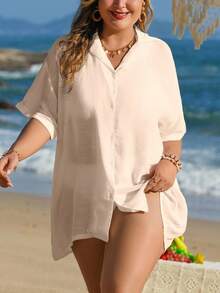 Swim Lushoire Quimono de praia para férias de mulher plus size, abotoadura simples, bainha assimétrica - Damasco - Ver 1