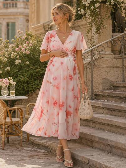 SHEIN Pregnant Women's Summer Beach Vacation Floral Tie-Dye Print Flutter Sleeve Ruched Waist Chiffon Dress