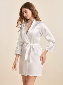 Hourtrue Drop Shoulder Contrast Trim Belted Satin Sleep Robe Luxe Loungewear, Fall, Winter - White - View 6