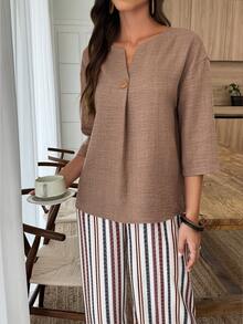 SHEIN LUNE Women's Solid Color Notched V-Neck 3/4 Sleeve Shirt And Striped Pants Casual Set - Multicolor - View 3