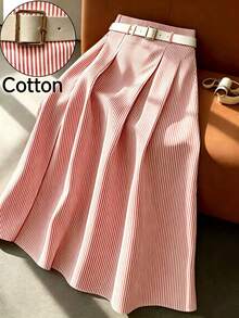 Franclia Women's Linen Striped Casual & Office Belt Medium Length Flare Pleated Midi Skirt, Summer / Spring - Multicolor - View 4
