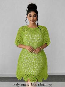 Maweii Robe élégante à manches courtes, col rond, couleur unie et ajourée, grande taille - Jaune moutarde - Voir 1