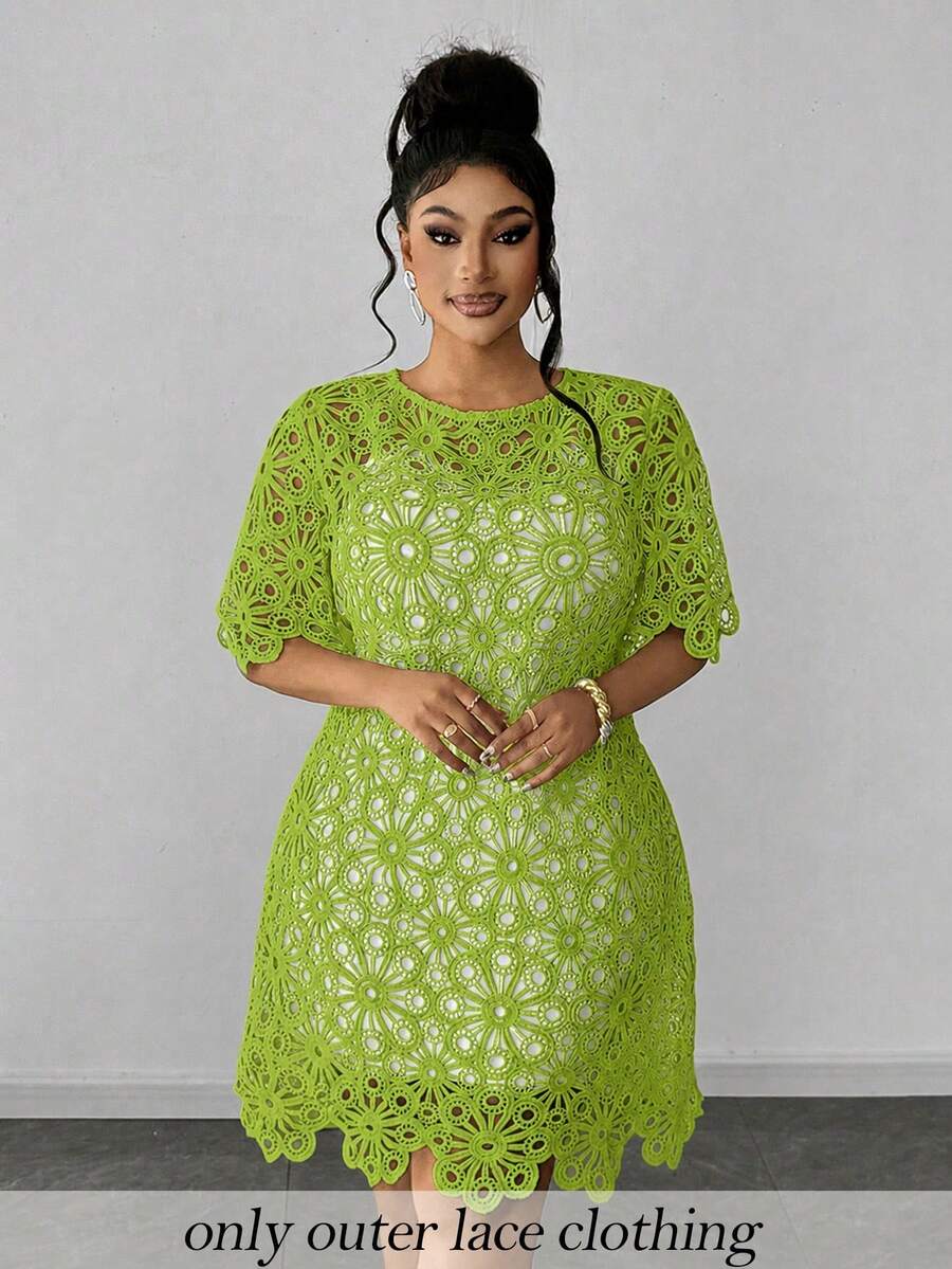Maweii Robe élégante à manches courtes, col rond, couleur unie et ajourée, grande taille - Jaune moutarde - Voir 1