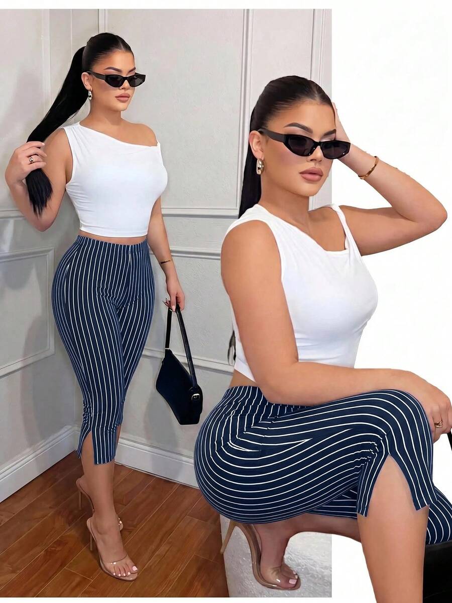 SHEIN SXY 女款條紋休閒百搭日常出遊緊身內搭褲 - 藏蓝色 - 查看 1