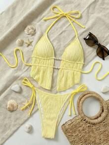BamGleam Conjunto de bikini de playa para mujer de verano, tela jacquard lisa, tirantes, espalda descubierta, triángulo, cordón ajustable, halter, sexy y lindo, traje de baño separado para vacaciones - Amarillo - Ver 7