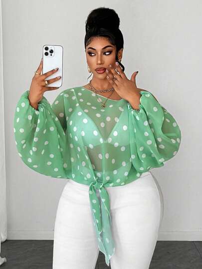 Maweii Camisa verde de mujer talla grande con hombro asimétrico y lazo, estilo holgado, de tacto premium, con lunares verdes, diseño de nicho elegante, exquisito y minimalista, esencial para uso diario, casual para vacaciones en primavera, verano y otoño