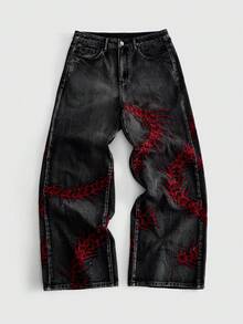 ROMWE MEN Casual 男士深色哥德風刺繡直筒長褲 - 深灰色 - 查看 1