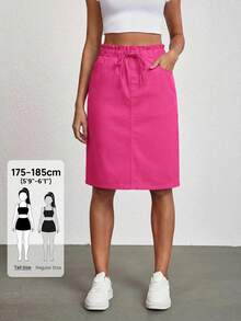 SHEIN Tall 女款荷葉邊飾腰部綁帶口袋休閒牛仔裙，適合高個女性 - 粉色 - 查看 7