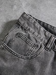Manfinity Denimwave Men's Button Front Straight Leg Denim Shorts With Frayed Hem And Patch Pockets - Light Grey - View 3