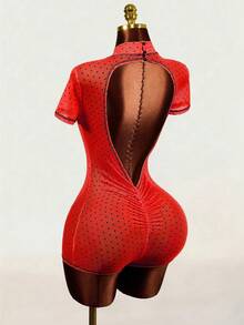 Mistrie 2026 Summer New Red Polka Dot Mesh Turtleneck Short Sleeve Backless Pleated Skinny Sheer Transparent Jumpsuit Set Suitable For Club Party - Red - View 2