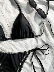 Swim Mod Women's 2-Piece Solid Color Sweet Cute Halter Neck Tie Bikini Set With Side Lace-Up Pants, Casual Beach Vacation Bikini Set - Black - View 5