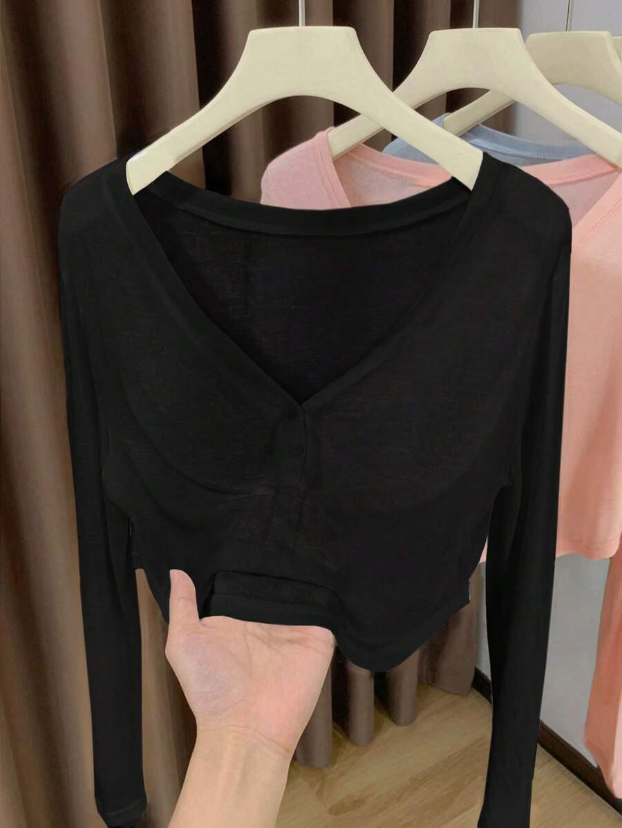 Resyla Soft Skin Cooling V-Neck Half-Open Front Short Cover Up - Black - View 1