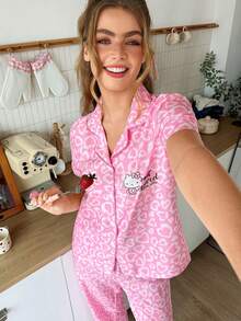 SweetSlumber HELLO KITTY AND FRIENDS | SHEIN Set Piyama Wanita Motif Hati Leopard Pink, Atasan Lengan Pendek Berkerah dan Celana Panjang - Berwarna merah muda - View 6
