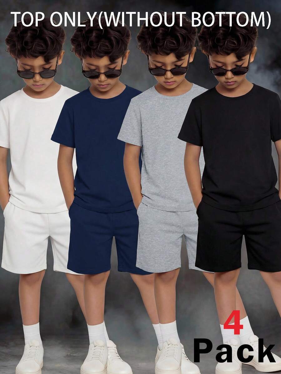 SHEIN 4件組兒童青少年男孩休閒字母印花圖案圓領針織套頭T恤,每款1件,黑色、灰色、海軍藍、白色,寬鬆版型短袖針織T恤,適合度假與外出,買1送3 - 彩色 - 查看 1