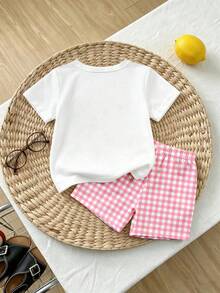 Souflis Souflis 1 Set Baby Girls Fashion Sweet Cute Plaid "MAMA'S GIRL" Letter Print Short Sleeve Round Neck T-Shirt And Plaid Shorts Set, Suitable For Casual And Outing Wear, Summer Outfits - Multicolor - View 2