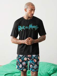 Rick and Morty X SHEIN 男士圓領字母印花短袖上衣與短褲休閒日常居家服套裝 - 黑色 - 查看 3