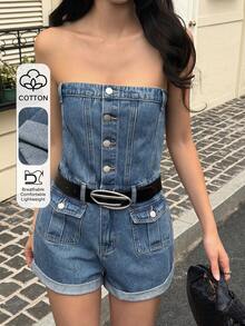 DAZY 女士休闲牛仔连体裤，带纽扣设计，适合春夏日常穿着 - 藍色 - 查看 1