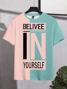 Manfinity Homme Men's Crew Neck Short Sleeve Letter Pattern Colorblock T-Shirt - Multicolor - View 3