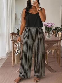 Lounesse Plus Size Women's Summer Beach Vacation Style Patchwork Print Twist Shoulder Wide Leg Jumpsuit - Multicolor - View 2