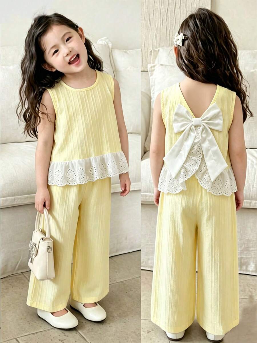 Elladie kids 女童春夏休閒韓系簡約新款套裝，編織波浪條紋紋理面料，背部設計白色鈕扣，前開襟無袖荷葉袖圓領上衣搭配同色休閒時尚長褲 2 件套，適合女童，韓系簡約，可愛俏皮，優雅休閒，適合日常上學、外出、度假、派對、假日，春夏穿搭