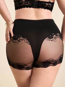 Hourtrue 1条装女士高腰加大码内裤 0XL-4XL，柔软舒适弹力面料，优雅蕾丝拼接设计，透气支撑，多条装日常穿着内衣 - 黑色 - 查看 3