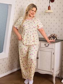 CottageSlumber Lettuce Edge Ditsy Floral Short Sleeve Long Pants Plus Size Women's Pajama Set - Yellow - View 4