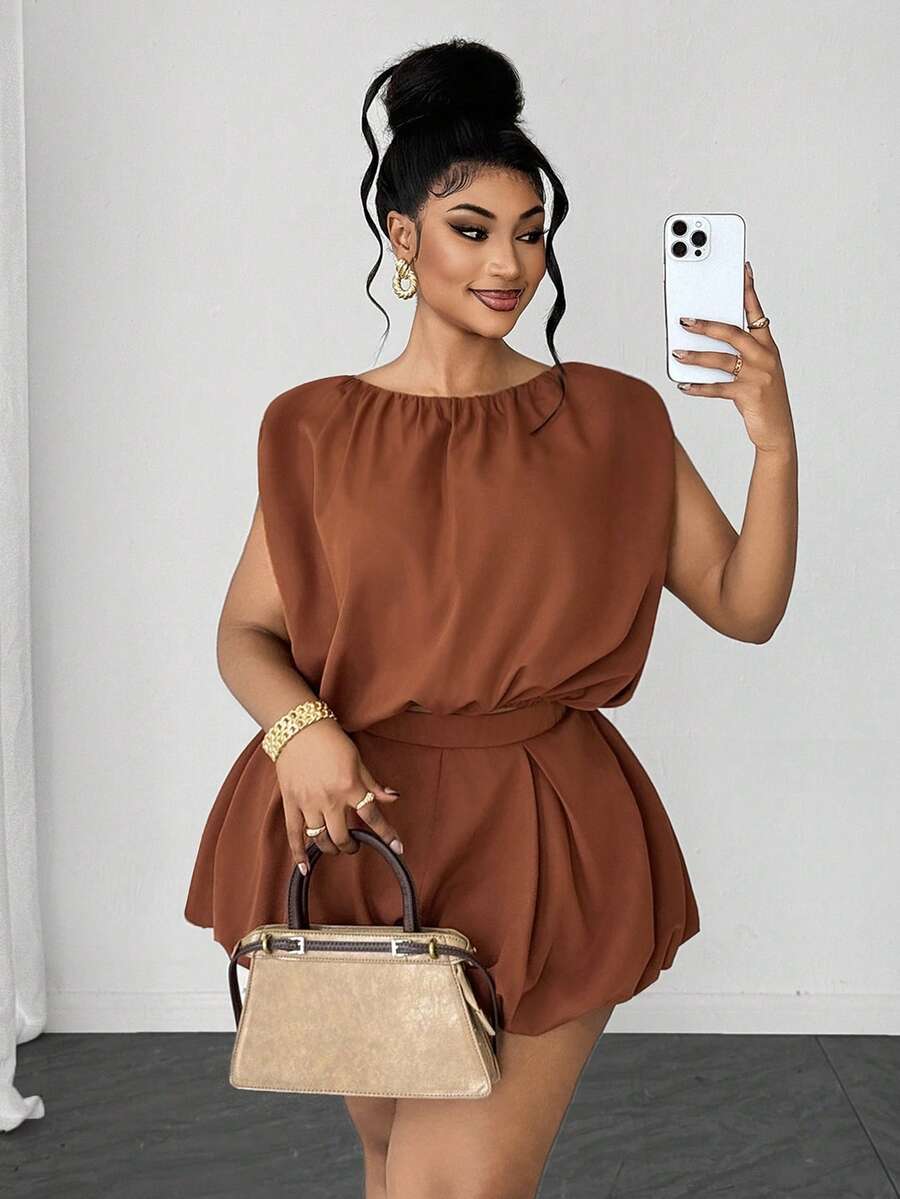 Maweii Conjunto de top sin mangas y shorts con diseño de capullo para mujer de talla grande - Marrón - Ver 1