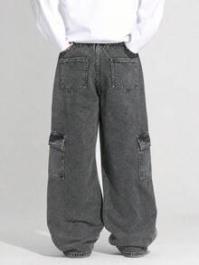 SHEIN 青少年男童牛仔長褲，夏季，柔軟，棉質，時尚，百搭，寬鬆舒適，極簡風，彈性腰帶，大工裝口袋設計，寬鬆直筒版型，黑灰色水洗牛仔長褲，適合日常出遊與度假 - 深灰色 - 查看 5