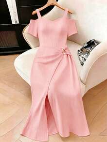 Elenzga Damen Große Größen Einfarbiges Kleid mit Herz-Ausschnitt und Schlitzdesign, modisch und elegant - Pink - Übersicht 3