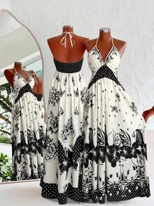 Sweetra Bohemian Style Printed Beach Slip Dress - Black and White - View 1