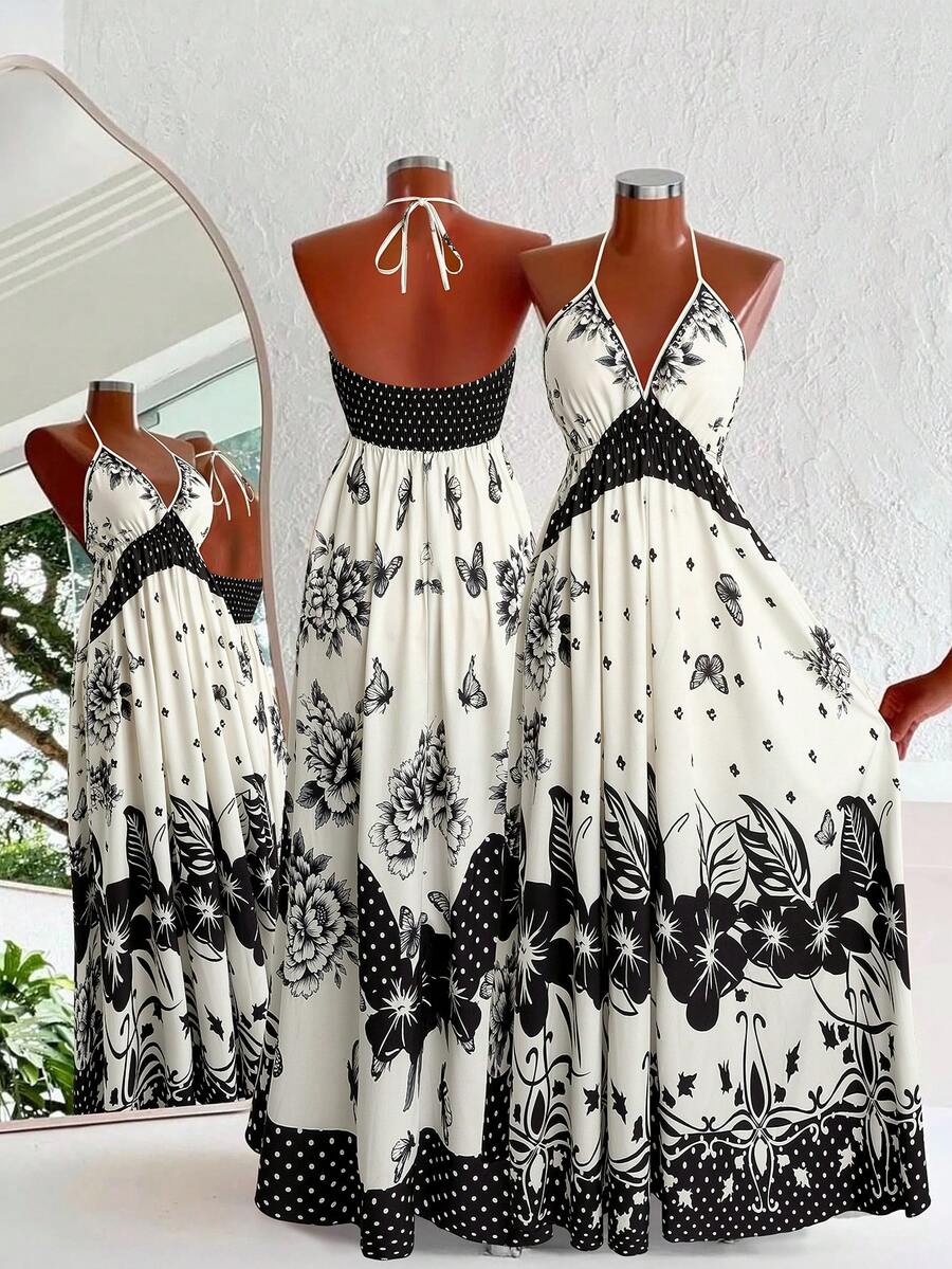 Sweetra Bohemian Style Printed Beach Slip Dress - Black and White - View 1