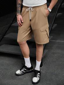 Manfinity CasualCool 男士寬鬆休閒淺卡其色工裝短褲，大口袋設計，彈性抽繩腰頭，度假風 - 卡其色 - 查看 5