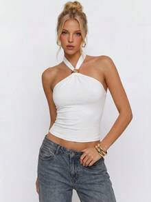 Avantive Women's Solid Color Metal Decor Halter Neck Top 2pcs Set - Black - View 11