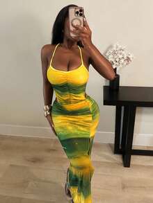 SHEIN BamGlam Women's Spaghetti Strap Backless High Slit Casual Tie Dye Dress - Multicolor - View 8