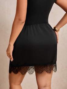 Elaquor Plus Size Autumn Elegant Lace Patchwork Skirt Elegant Black Lace Trim Party Gym Skirt Elegant Daily Going Out Skirt Graduation Skirt For Women Fall - Black - View 3