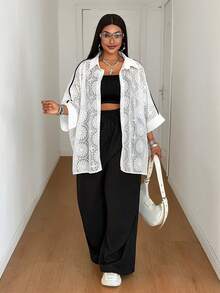 Maweii French Vintage Hollow Out Blouse, Slouchy Plus Size Loose Batwing Sleeve Mid-Length Shirt - White - View 4