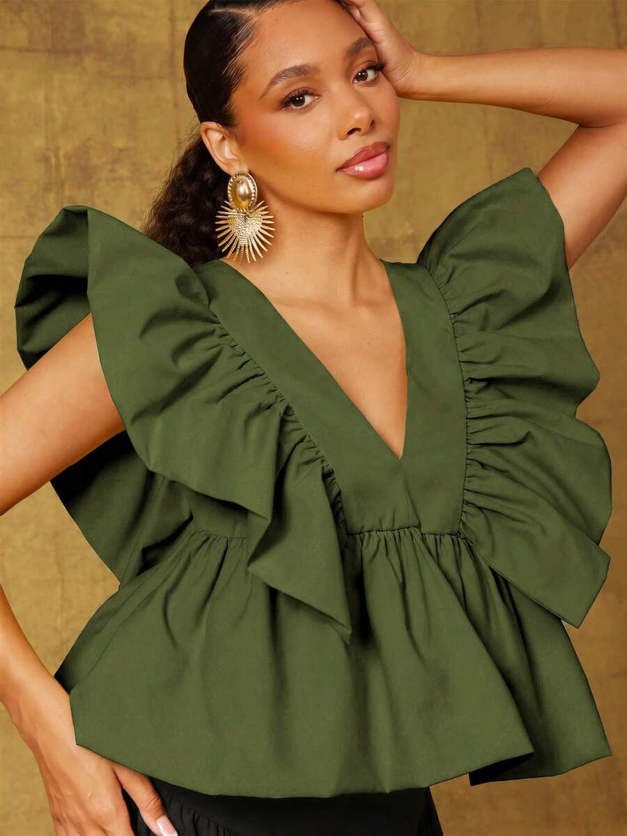 Vixey Top de tejido sólido con cuello en V, mangas de pétalo con volantes y bajo peplum - Verde Oliva - Ver 1